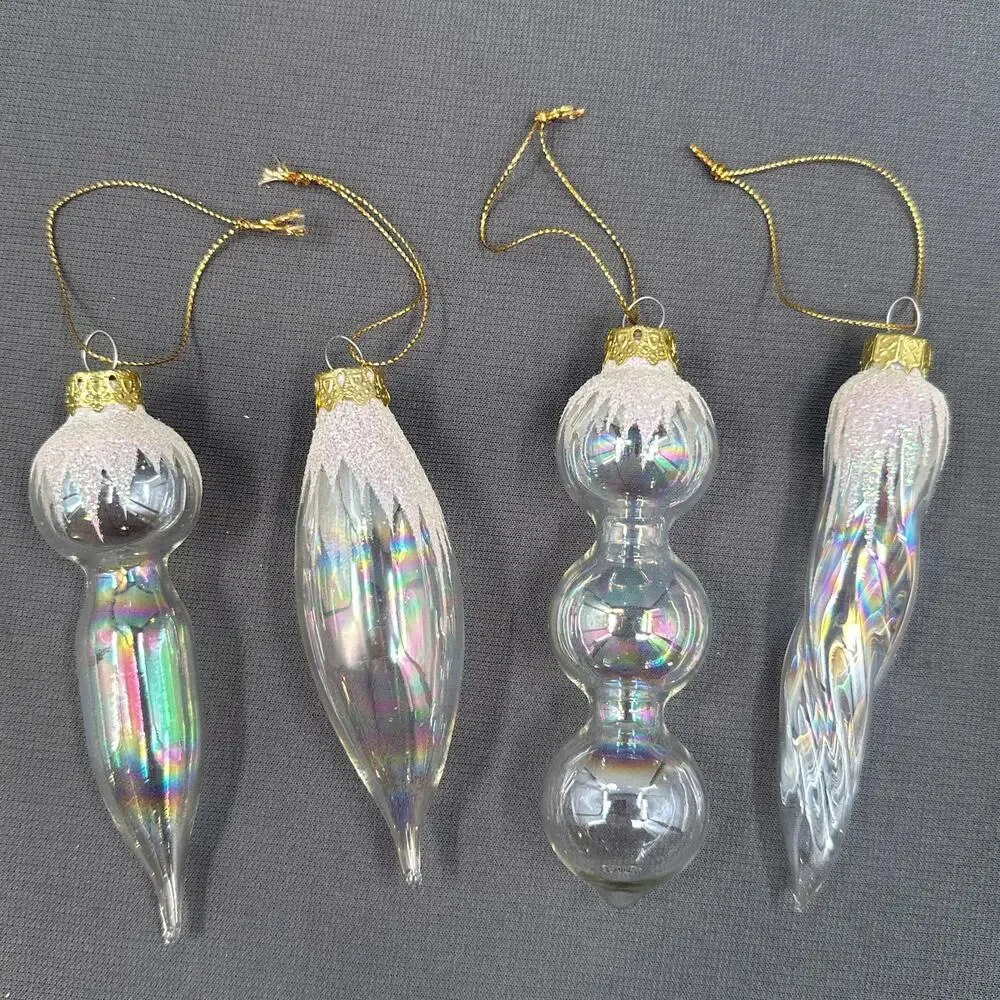 VTG Blown Glass Icicle Christmas Ornaments Clear Iridescent Glitter 4 pc Glam